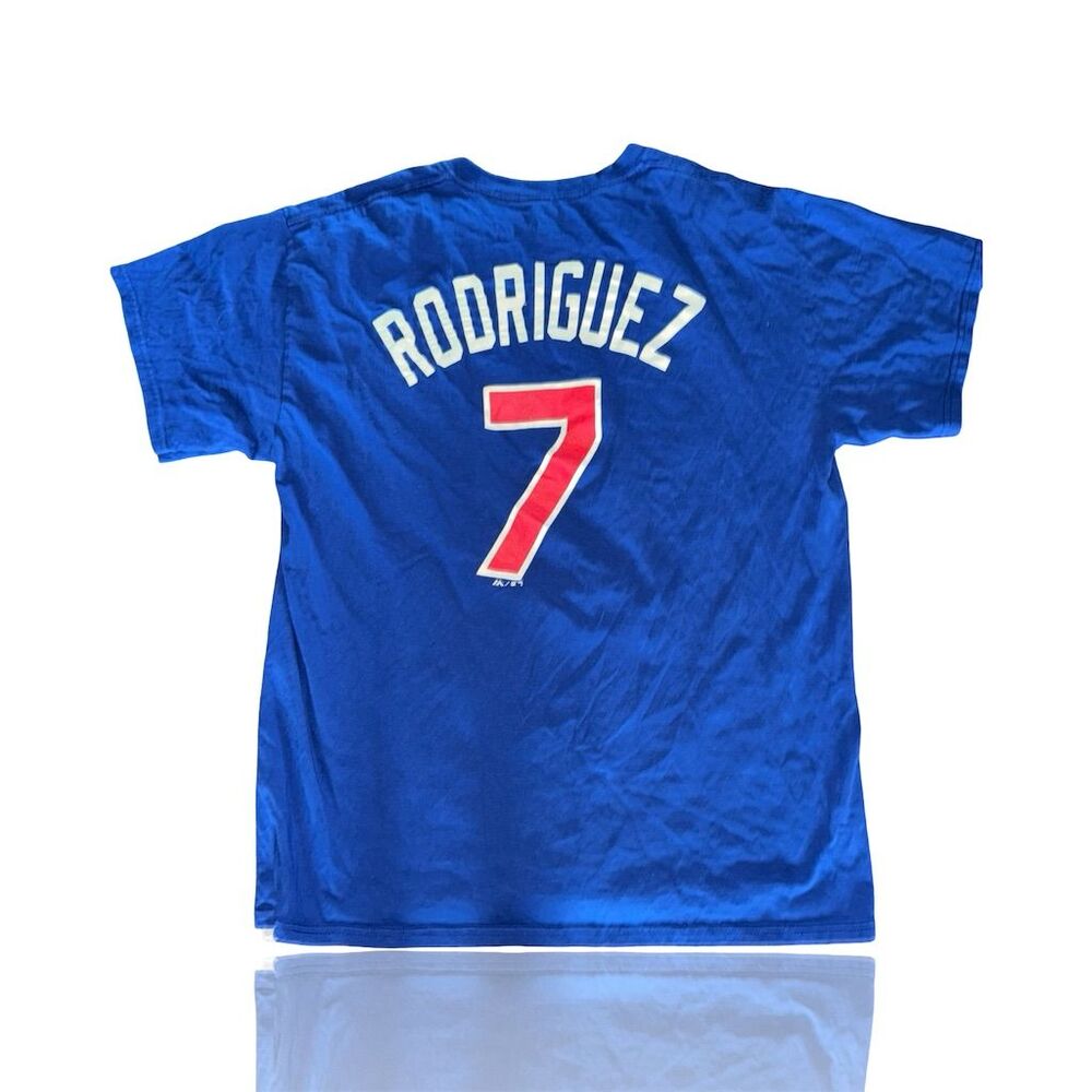 Texas Rangers Ivan “Pudge” Rodriguez Men's Blue Graphic T-Shirt Size L Majestic